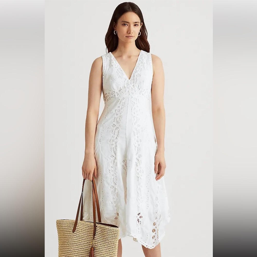 NWT 275 Ralph Lauren Battenberg Lace Cotton Voile Dress White Size 8